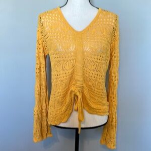Mustard Yellow Fall Sheer Knit Wizard Flare Sleeve Adjustable Tie Long Sleeve